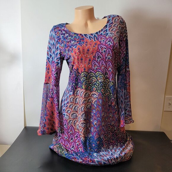 Bohemian/Retro Style Bell Sleeve Tunic Dress Multicolor Peacock Feather Print - Picture 1 of 16